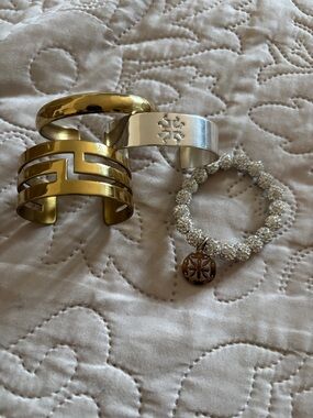 Rustic Cuff Gold and Silver Bracelet Set with Crystal Beaded Charm